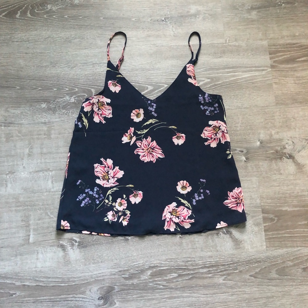 Navy, floral print blouse